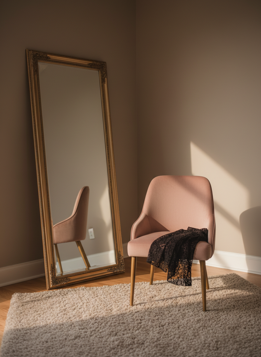 An evocative, minimalist corner of a boudoir studio featuring a tall, ornate floor mirror with an antique gold frame angled slightly toward a wall painted in warm taupe. In front of the mirror stands a simple, curved velvet chair in muted blush, with a folded, dark lace shawl placed precisely on the seat. A fluffy neutral rug lies beneath, adding softness to the scene. Soft golden hour light streams through an unseen window, grazing the edge of the mirror and chair, creating elongated, gentle shadows. Photographic realism, composed with ample negative space and shallow depth of field, communicates intimacy, self-reflection, and the transformative, confidence-boosting nature of the boudoir experience.
