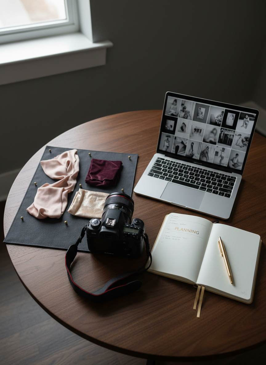 A refined, cinematic still life of a classic black DSLR camera resting on a dark walnut table, surrounded by carefully placed mood board elements: fabric swatches in blush, champagne, and deep plum, a color-calibrated screen displaying blurred thumbnails of tasteful monochrome photographs, and a notebook with a gold pen. The environment is a high-end photography studio office, with matte charcoal walls and a single large window just out of frame. Soft, diffused natural light from the side creates delicate highlights on metal surfaces and gentle shadows on the table. Photographic realism, shot from an overhead, top-down perspective, communicates meticulous preparation, personalized guidance, and professional, confidential boudoir service planning.