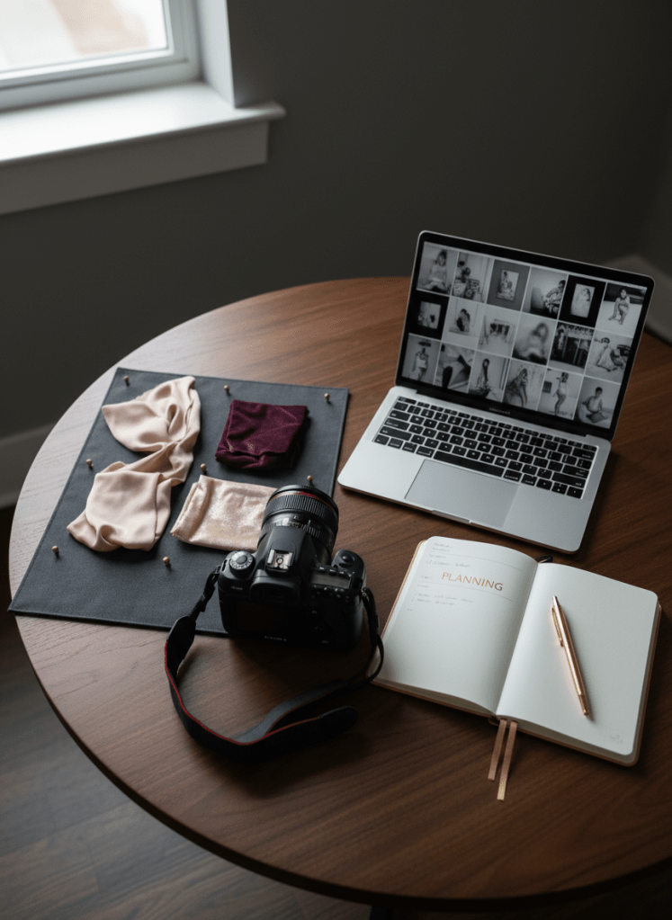 A refined, cinematic still life of a classic black DSLR camera resting on a dark walnut table, surrounded by carefully placed mood board elements: fabric swatches in blush, champagne, and deep plum, a color-calibrated screen displaying blurred thumbnails of tasteful monochrome photographs, and a notebook with a gold pen. The environment is a high-end photography studio office, with matte charcoal walls and a single large window just out of frame. Soft, diffused natural light from the side creates delicate highlights on metal surfaces and gentle shadows on the table. Photographic realism, shot from an overhead, top-down perspective, communicates meticulous preparation, personalized guidance, and professional, confidential boudoir service planning.