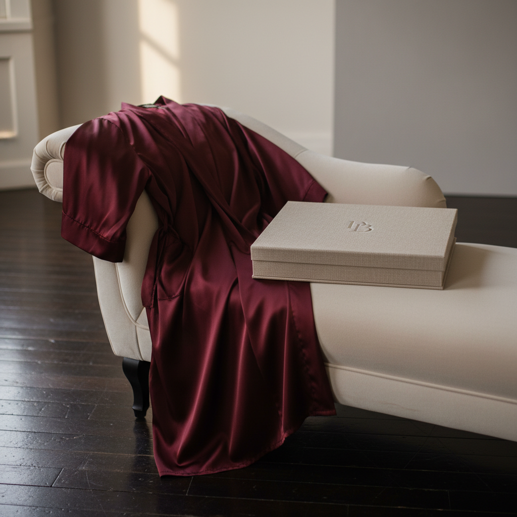 A close-up, photographic realistic shot of a rich burgundy silk robe elegantly draped over the arm of a cream velvet chaise longue, its soft folds catching the light. On the chaise seat lies a beautifully crafted, closed linen-covered portfolio box with a subtle embossed logo, hinting at premium printed boudoir images inside. The scene is set in a minimalist, high-end studio with a dark wooden floor and a softly blurred background of neutral-toned walls. Gentle, directional studio lighting from the side creates refined shadows and a sensual, sophisticated mood. Shot from a slightly elevated angle with shallow depth of field, emphasizing texture, opulence, and exclusivity.